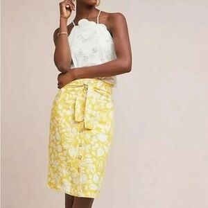Anthropologie yellow fruit Pencil Skirt XS tie front, zips in back